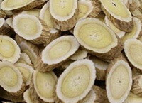 many dried khaki root slices of Astragalus membranaceus Fisch.Bge.var.mongholicus Bge.Hsiao. are piled together